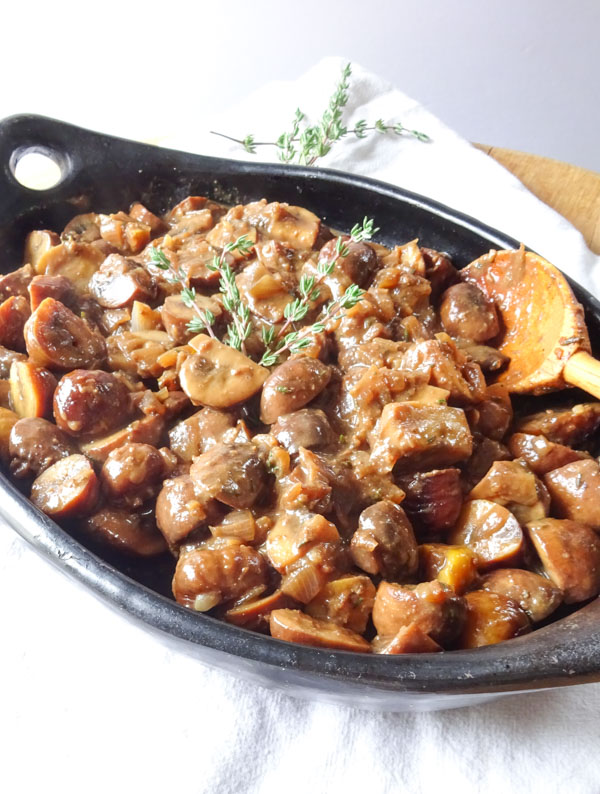 chestnut mushrooms and roasted chestnuts with madeira in serving dish